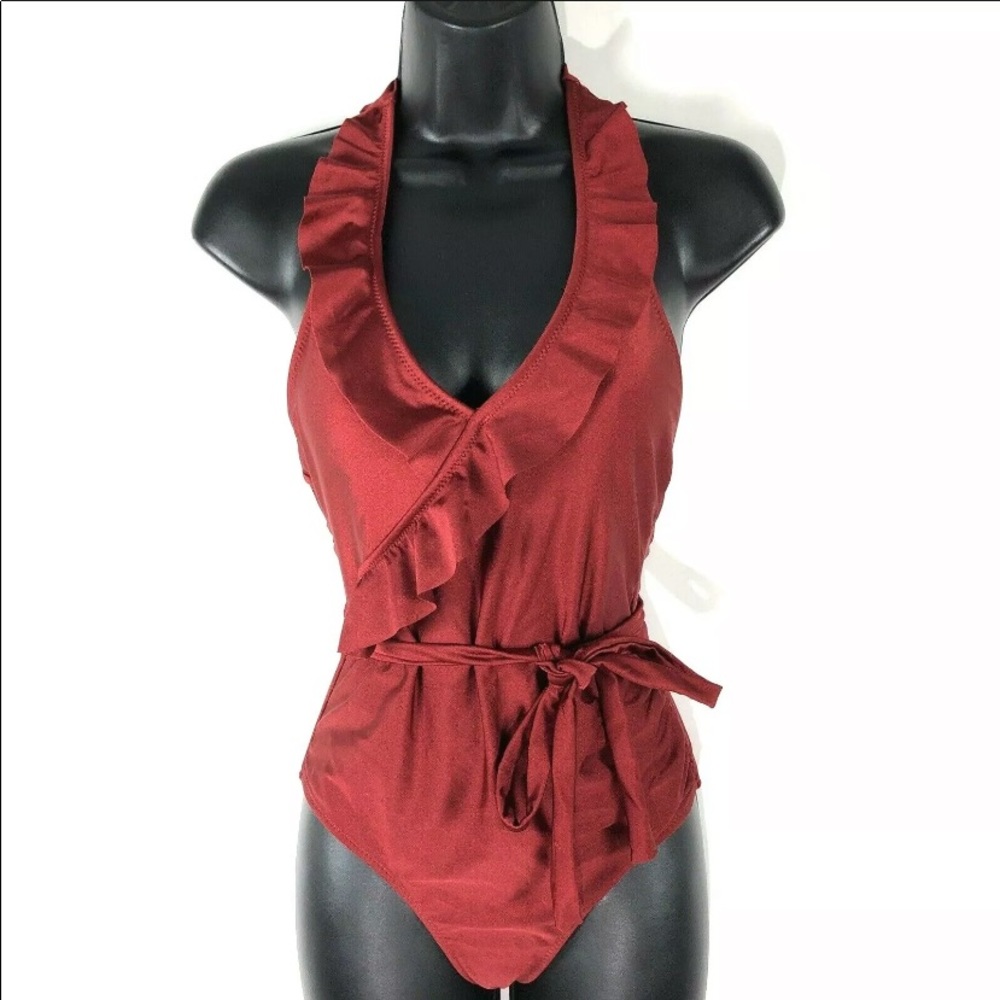 CUPSHE swim suit S one piece ruffle V neck cranberry halter tie